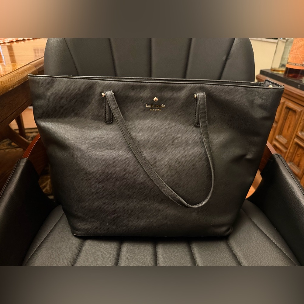 kate spade black leather tote with gold logo